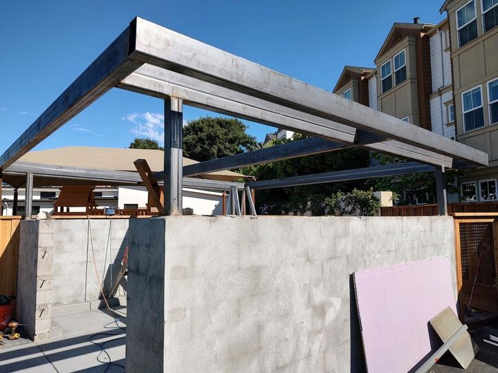 Custom steel canopy and cover framing for exterior structures.